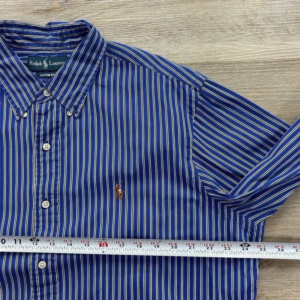 Ralph Lauren XL Custom Fit Blue Striped Flesh Pony Button Down Shirt Preppy
